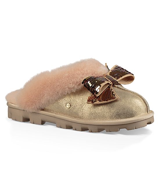 UGG Women's Slippers GOLD - Gold Sequin-Bow Coquette Suede Slipper - Women | Zulily