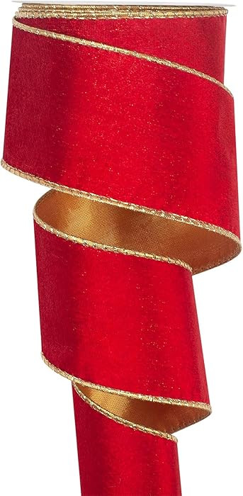 Wired Velvet Ribbon for Christmas Tree 2.5 inch×10 Yards, Vintage Red Velvet Ribbon with Gold Ed... | Amazon (US)