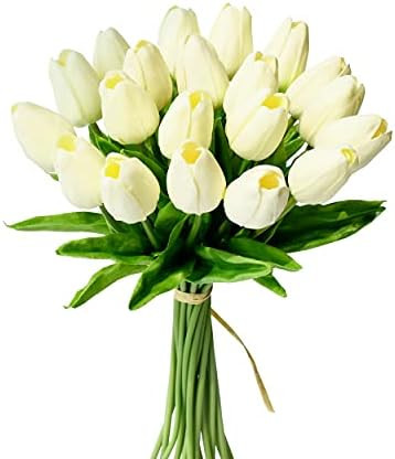 Mandy's 20pcs Artificial Tulip Silk Flowers 13.5" for Home Kitchen Wedding Decorations (Ivory) | Amazon (US)