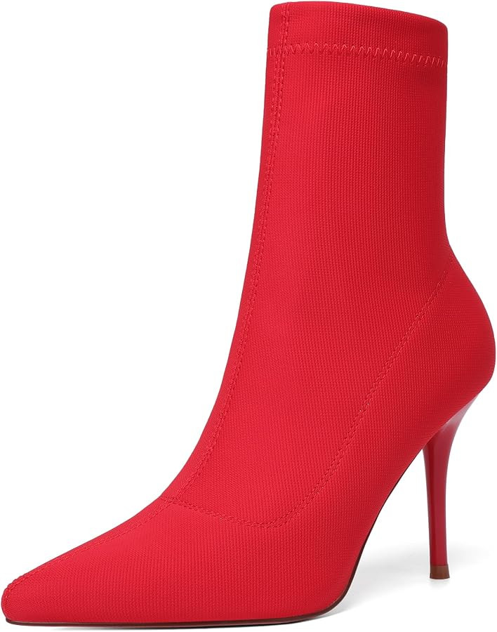 vivianly Women's Sexy Pointy Toe Stiletto Heels Ankle Boots Printed Stretchy Sock Booties | Amazon (US)