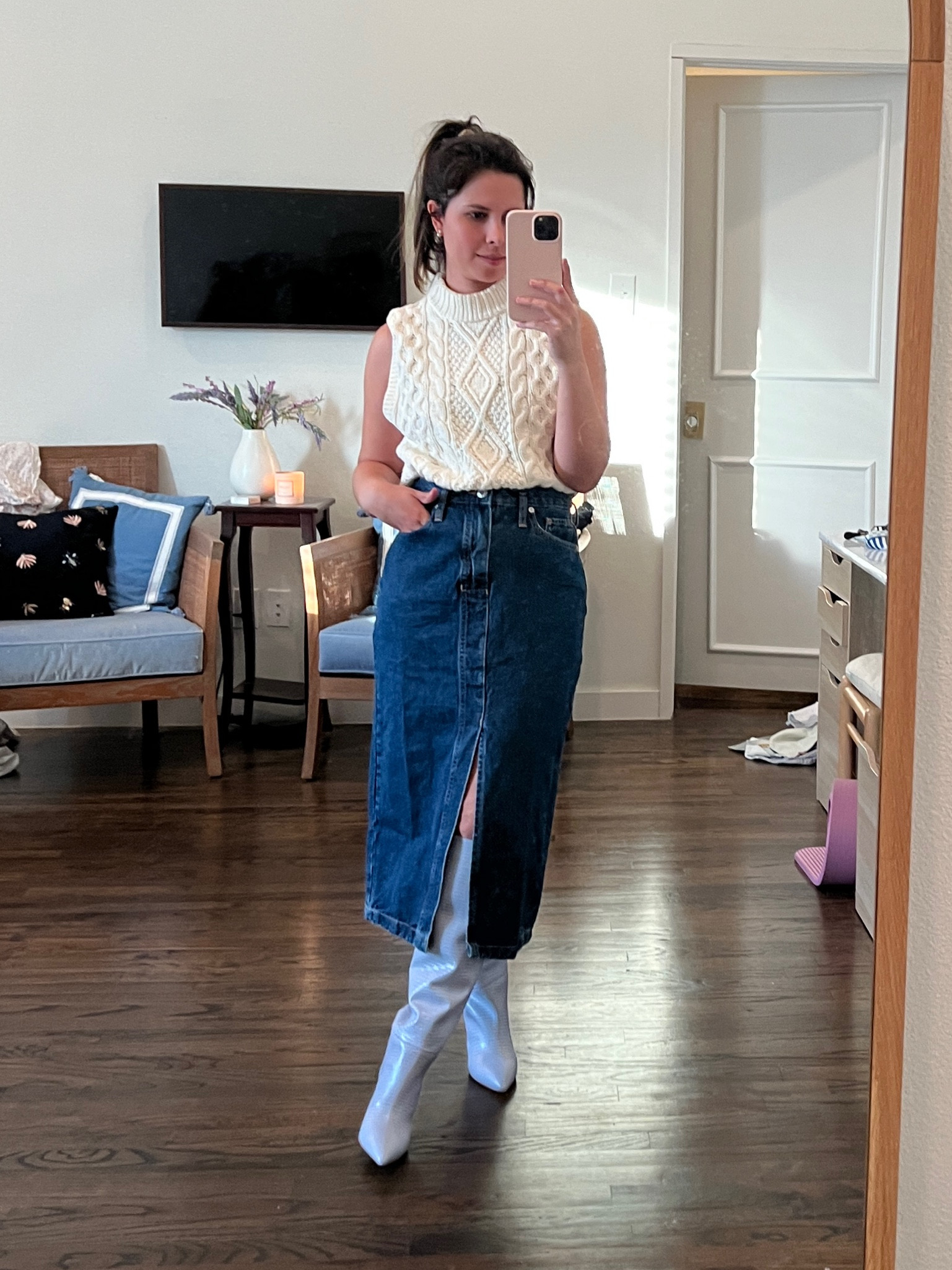 Fall 2023 outfit, midi denim skirt, mango skirt, Ralph Lauren, sleeveless sweater, cableknit, tall boots, París Texas boots 

#LTKshoecrush #LTKSeasonal #LTKstyletip