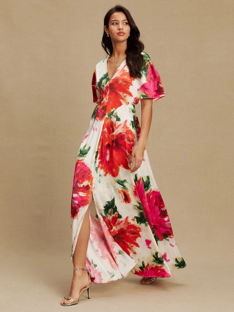 Ecru Floral Kaftan Textured Satin Maxi Occasion Dress | Next US