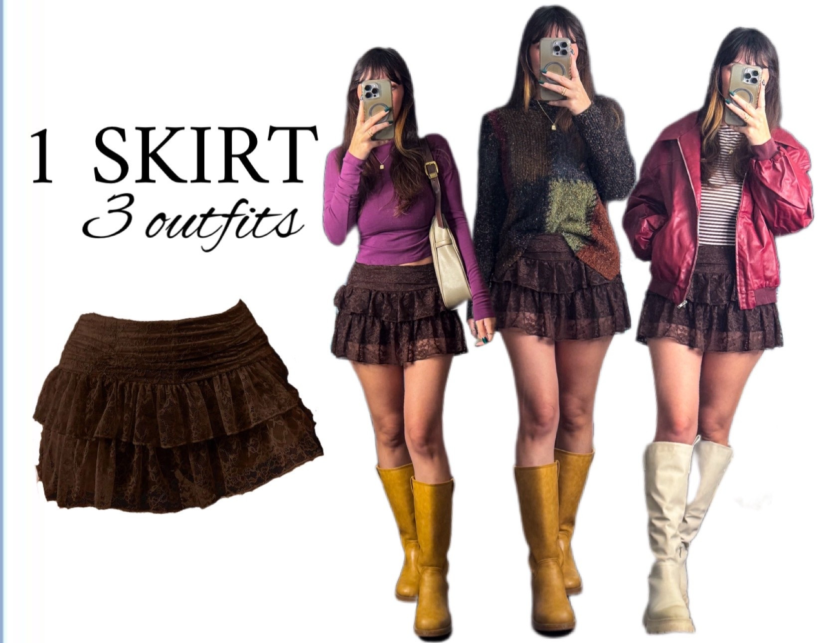 One Y2K brown mini skirt styled three different ways. This lace skirt also has built in shorts which is always a plus! I’m wearing a size small in the skirt and I’m 5’4” around 120lbs. 

#LTKFindsUnder50 #LTKootd #LTKStyleTip