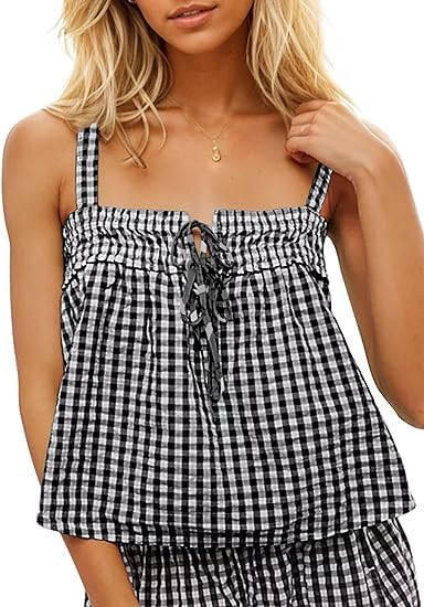 Anoumcy Cotton Gingham Tie Front Tank Tops for Women Girls Cute Plaid Tank Tops Casual Summer Goi... | Amazon (US)