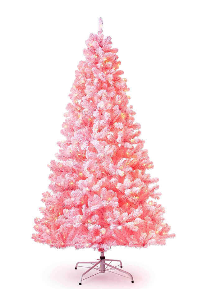 7.5' Pink Flock Artificial Christmas Tree with 600 Warm White LED Lights | King of Christmas