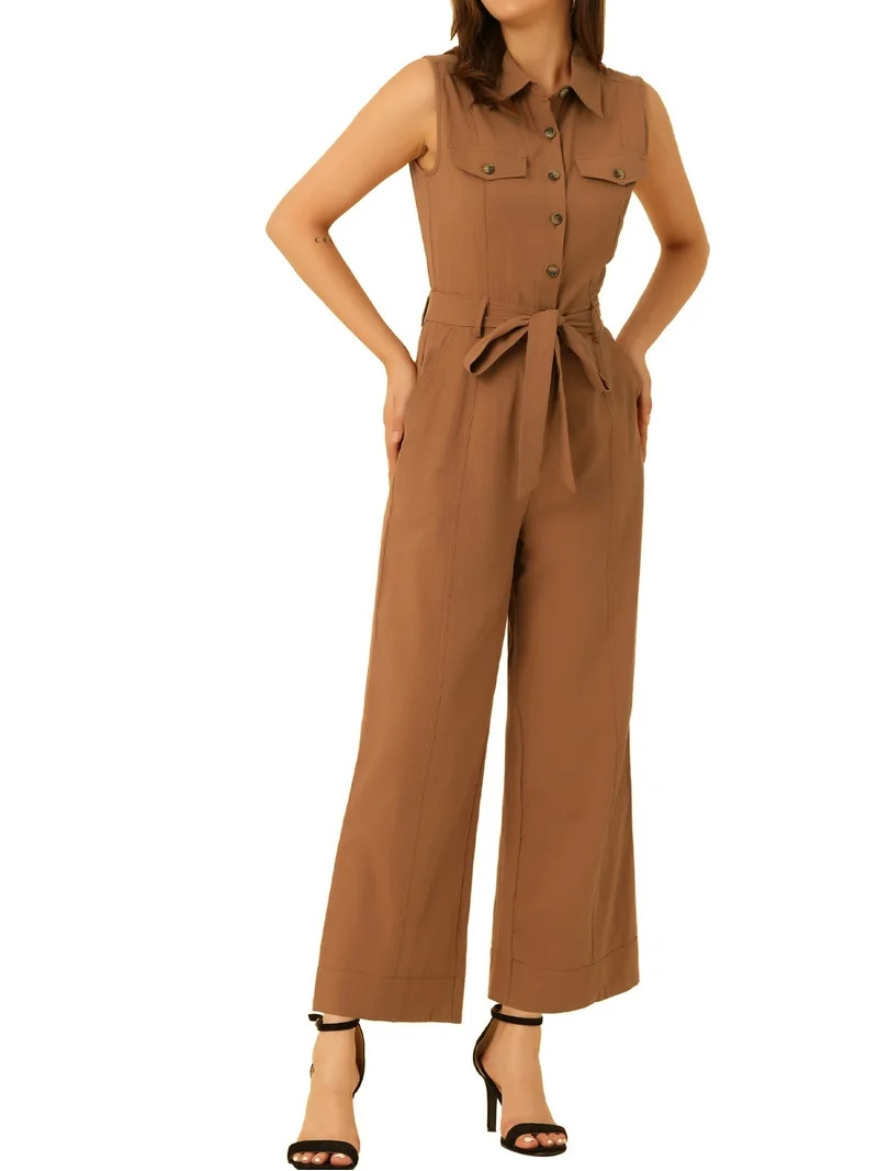 INSPIRE CHIC Women's Ankle Tie Waist Workwear Button Front Sleeveless Jumpsuit M Brown | Walmart (US)