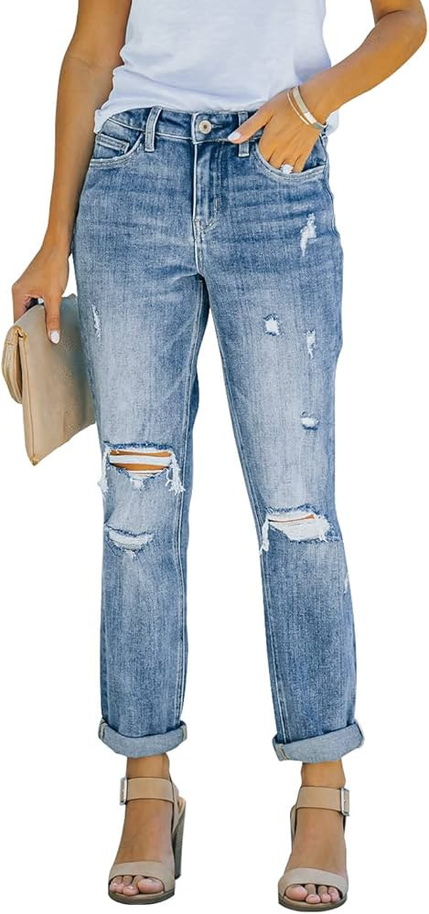 YAV Women Destroyed Raw Hem Jeans Ripped Boyfriend Jeans Hole Mid Waisted Stretch Denim Pants | Amazon (US)
