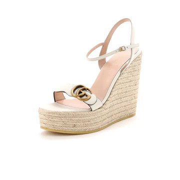 Gucci Women's GG Marmont Wedge Espadrille Sandals Leather Neutral 3939163 | Rebag
