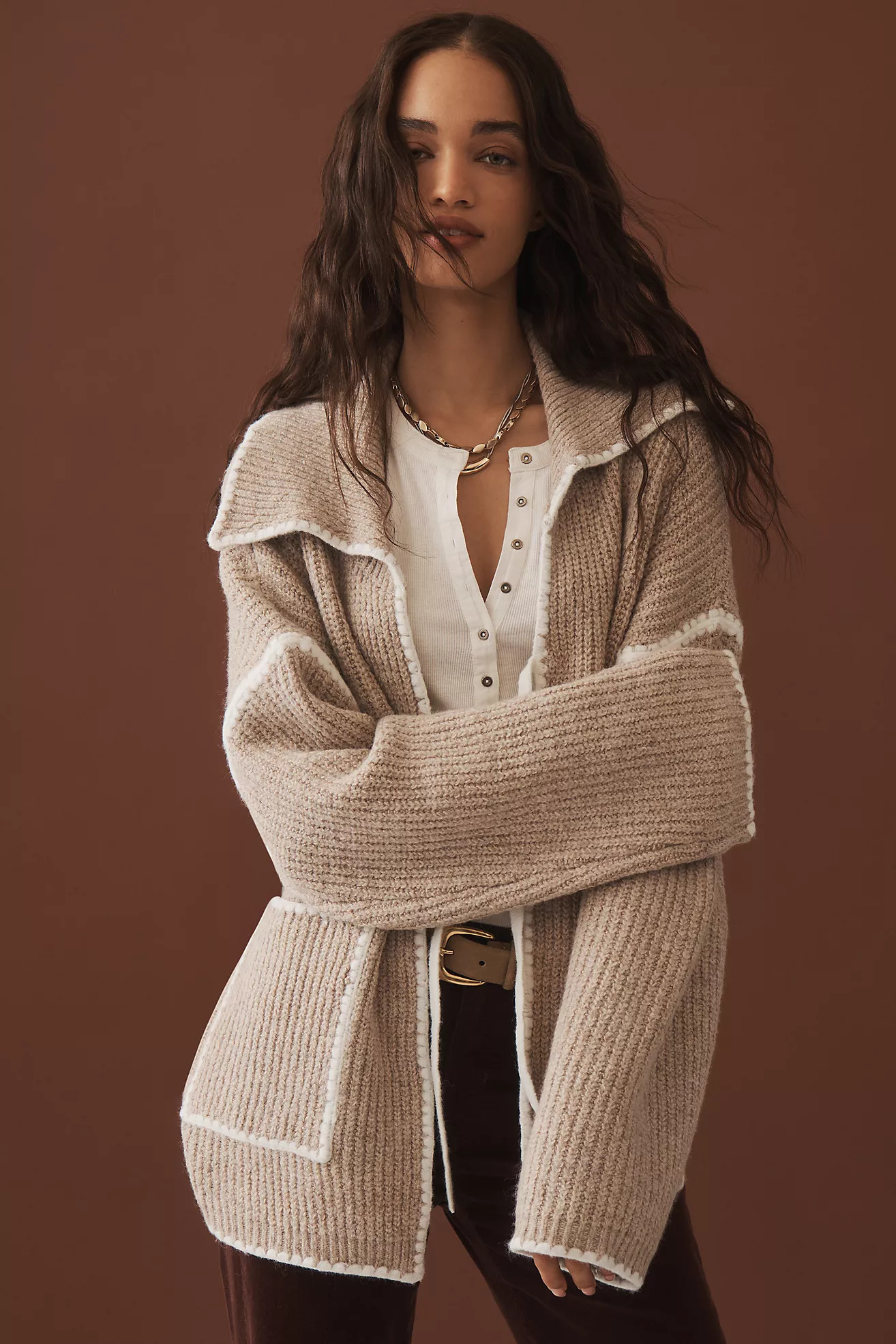 Flat White Collared Whipstitch Cardigan Sweater | Anthropologie (US)