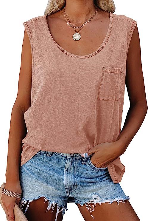 Rilista Womens Scoop Neck Tank Tops Sleeveless Basic Athletic Shirts Summer Loose Blouses with Po... | Amazon (US)
