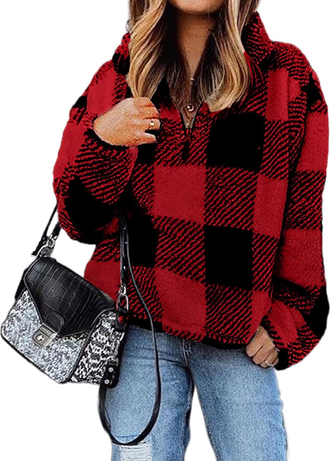 BTFBM Women Sherpa Pullover Quarter Zip Long Sleeve Fluffy Soft Fleece Jackets Sweaters Sweatshir... | Amazon (US)