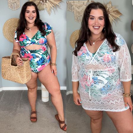 Curvy Amazon floral one piece swimsuit + white mesh coverup. Tropical vacation outfit inspo, resort wear, sandals, straw bag. Both size XXL 🌴☀️🌊

#LTKplussize #LTKswim #LTKstyletip