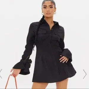 PRETTY LITTLE THING PLT black tie cuff detail pleated shirt dress US size 2 | Poshmark