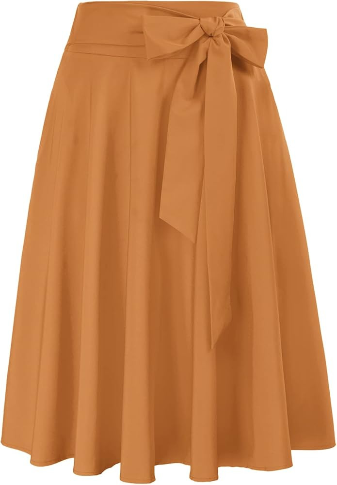 Belle Poque Women's Vintage Pleated Midi Skirts High Waist A-line Flared Skirts Pockets | Amazon (US)