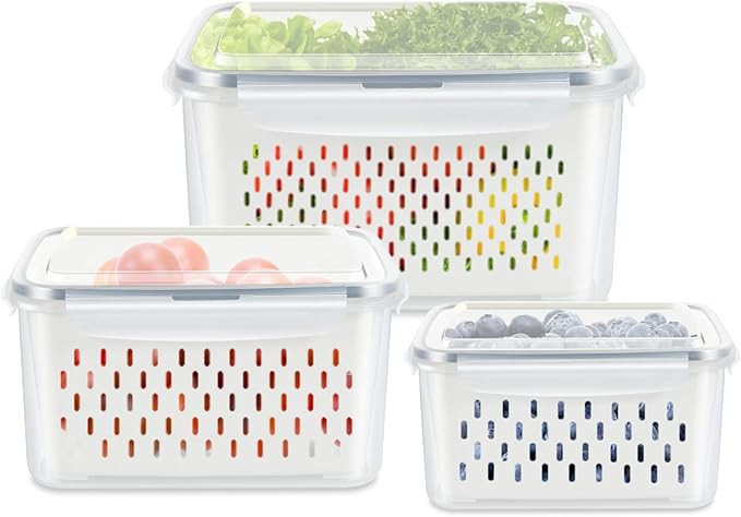 3 Pack Fruit Storage Containers for Fridge, Produce Saver Vegetable Container with Drain Colander... | Amazon (US)