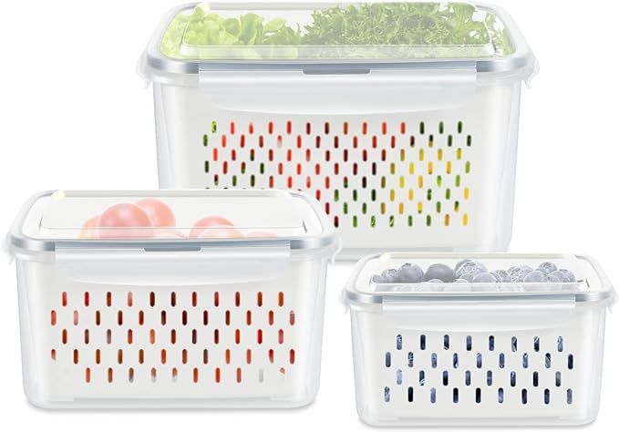 3 Pack Fruit Storage Containers for Fridge, Produce Saver Vegetable Container with Drain Colander... | Amazon (US)