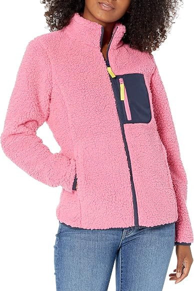 Amazon Essentials Women's Sherpa Long Sleeve Mock Neck Full-Zip Jacket  with Woven Trim | Amazon (US)