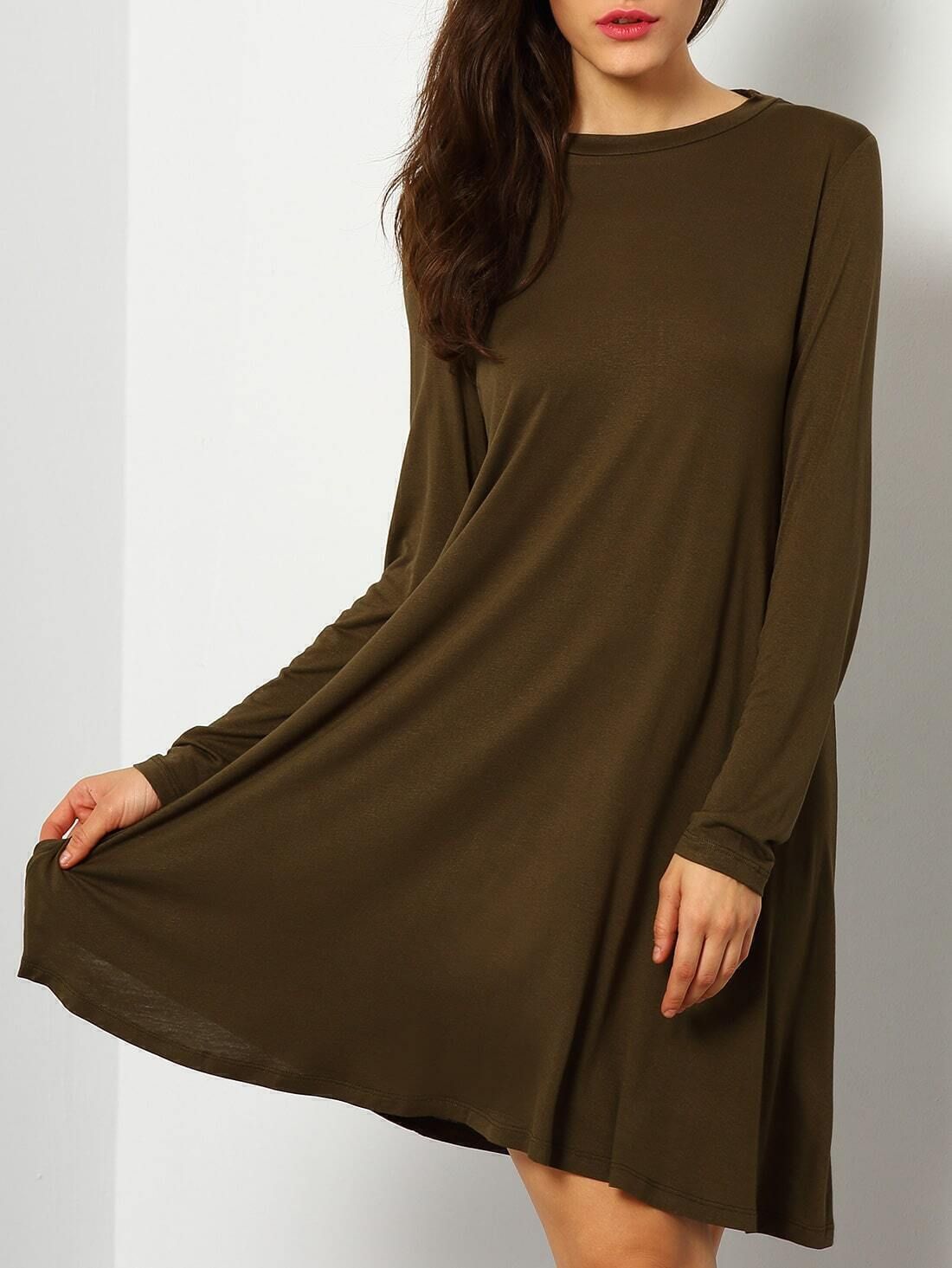Army Green Long Sleeve Backless Dress | SHEIN