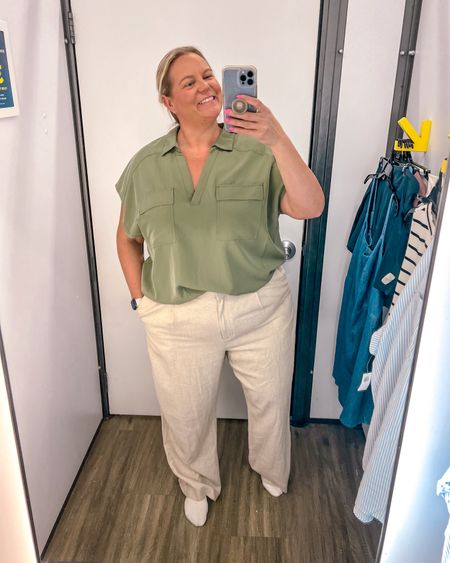 This blouse is such a great option for the office. I love the collar and pockets. It’s a light weight material and comes in linen also. I paired with here linen pants and this could also be a great vacation outfit. 

I’m normally an 18/20 and wearing XXL in pants - they fit very loose so could also fit XL. Shirt is a 2X and fits good 

#LTKOver40 #LTKFindsUnder50 #LTKPlusSize