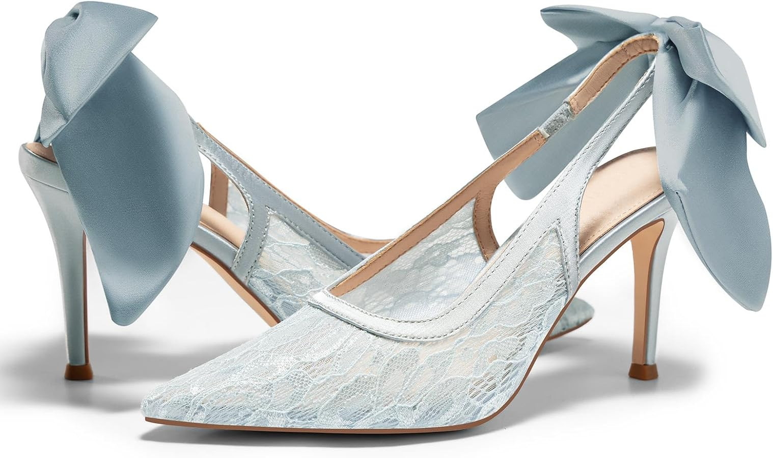 Coutgo Womens Slingback High Heels Bow Closed Pointed Toe Lace Patchwork Party Dress Shoes | Amazon (US)