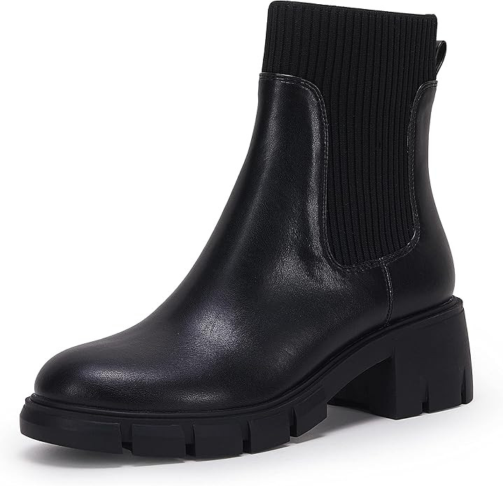 Coutgo Women’s Chelsea Platform Ankle Boots Elastic Slip On Chunky Block Heel Lug Sole Booties | Amazon (US)