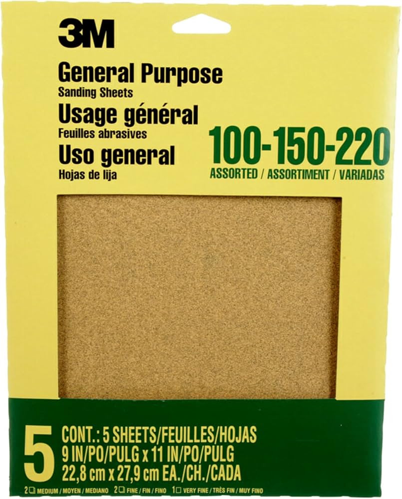 3M Aluminum Oxide Sandpaper, 5 Sheets, Assorted Grit 100-150-220, 9-in x 11-in, Multi-Purpose Abr... | Amazon (US)
