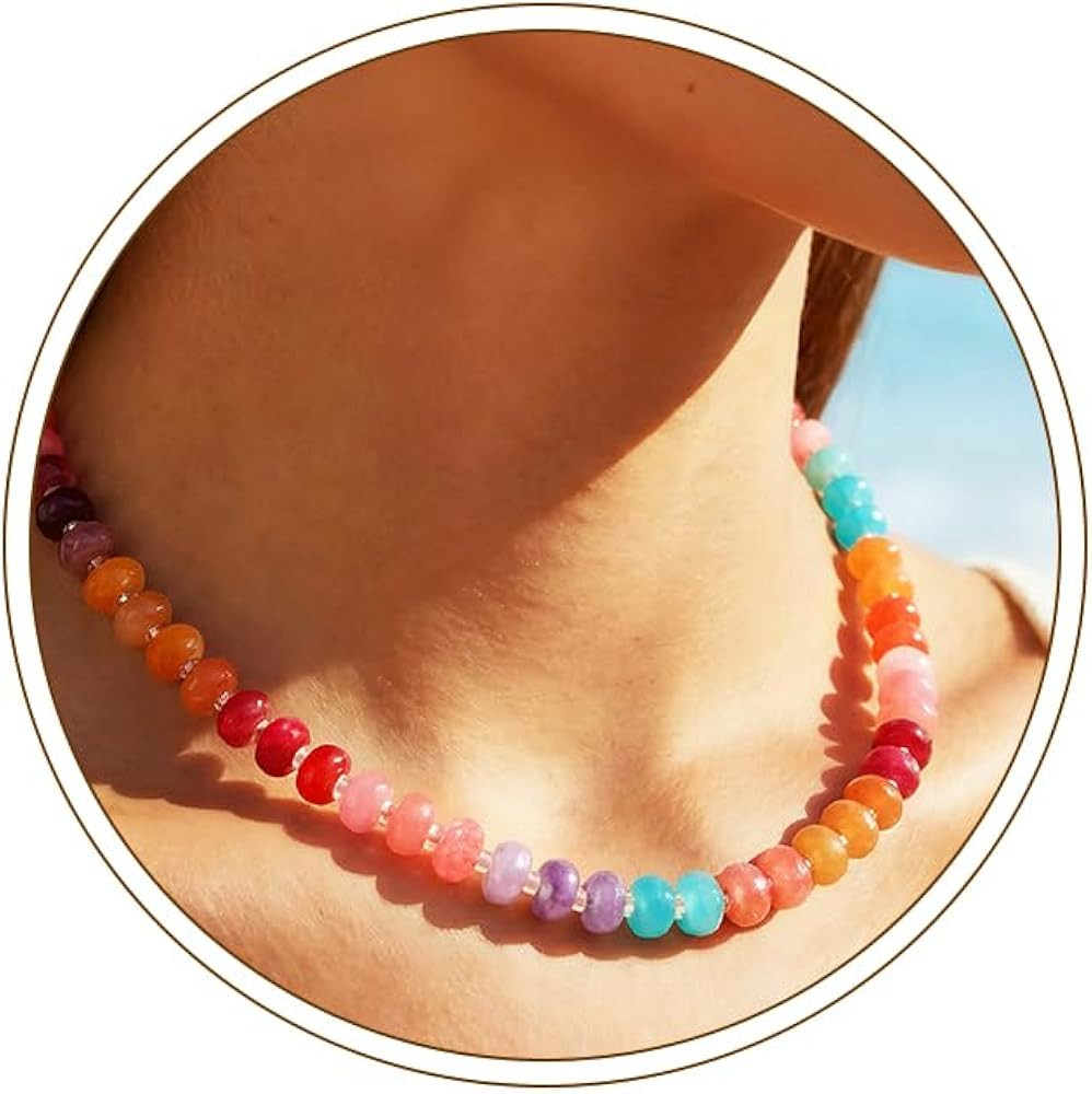 Beaded Gemstone Necklace for Women Colorful Boho Bead Choker Natural Stone Surfer summer Beach Ne... | Amazon (US)