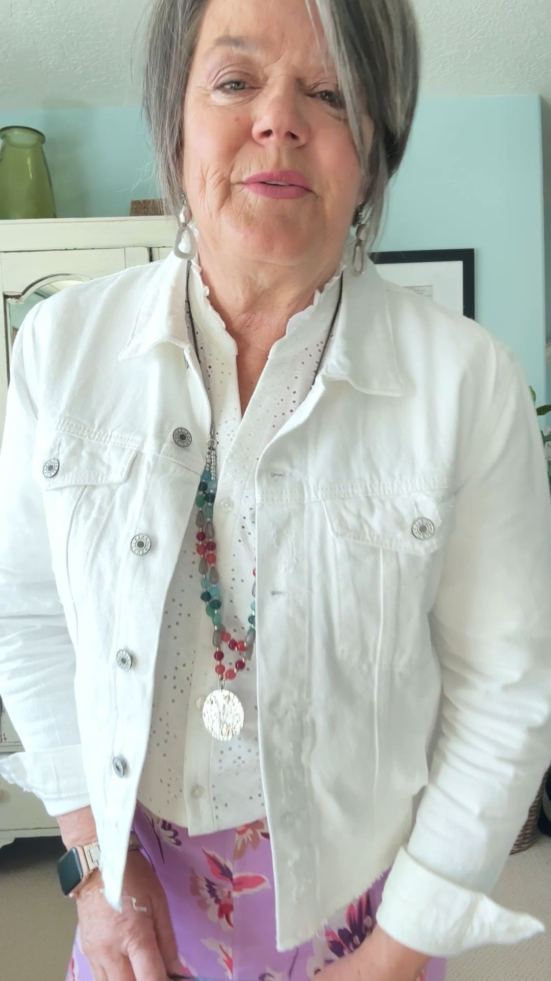 Easy breezy spring skirt outfit. This is such a beautiful skirt that can be worn dressed up or casual. Perfect for brunch, church, girls lunch! The eyelet top with little ruffled edge collar is a must have! My fav necklace from Coldwatercreek! Topping the top with a white denim jacket and a pair of pink flats and you are ready to go! 

#LTKMidsize #LTKdayinmylife #LTKootd