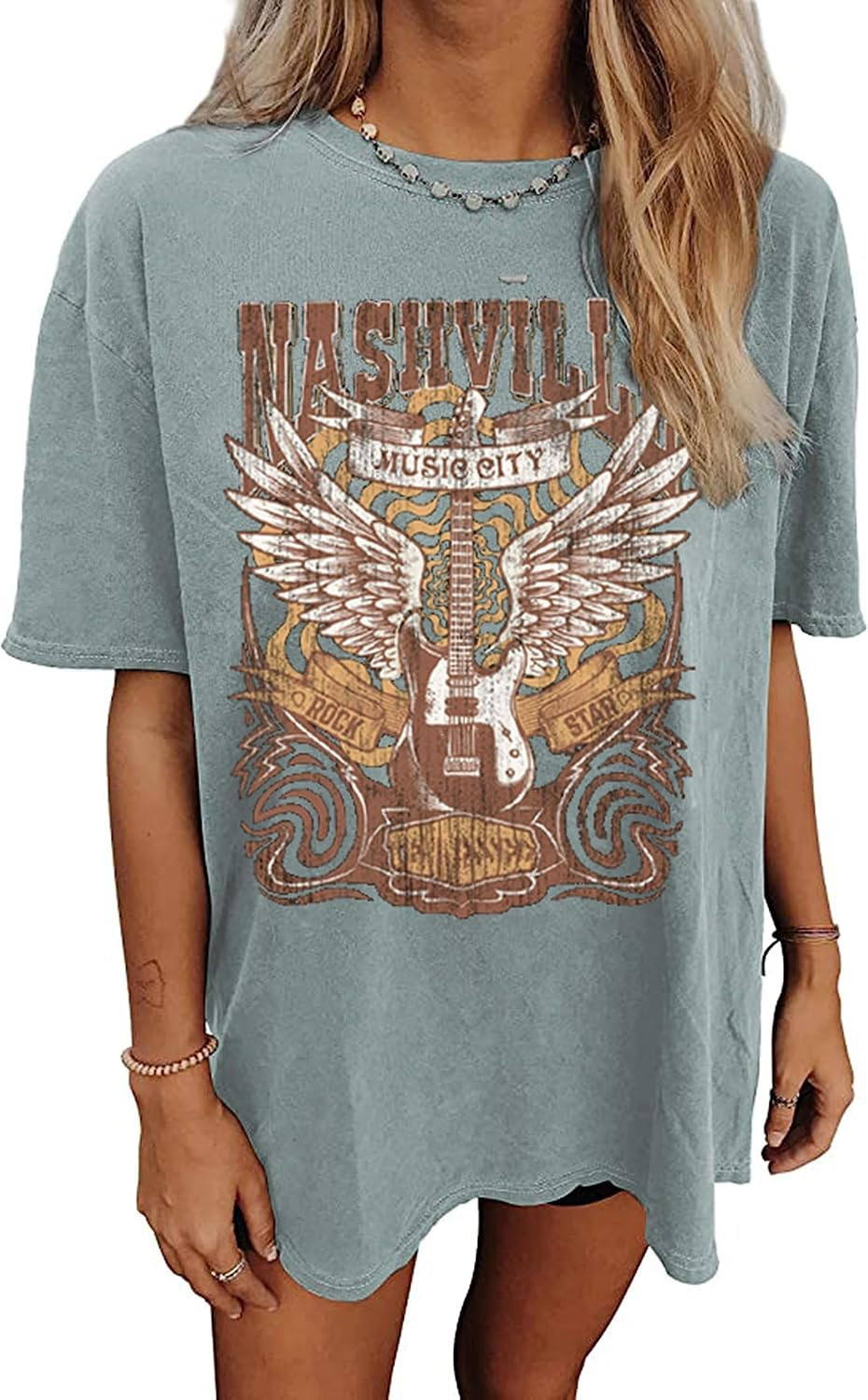 Oversized Rock Band T-Shirt Women Country Music Shirt Tops Nashville Music City Tshirt Vintage Guitar Wings Graphic Tees | Amazon (US)