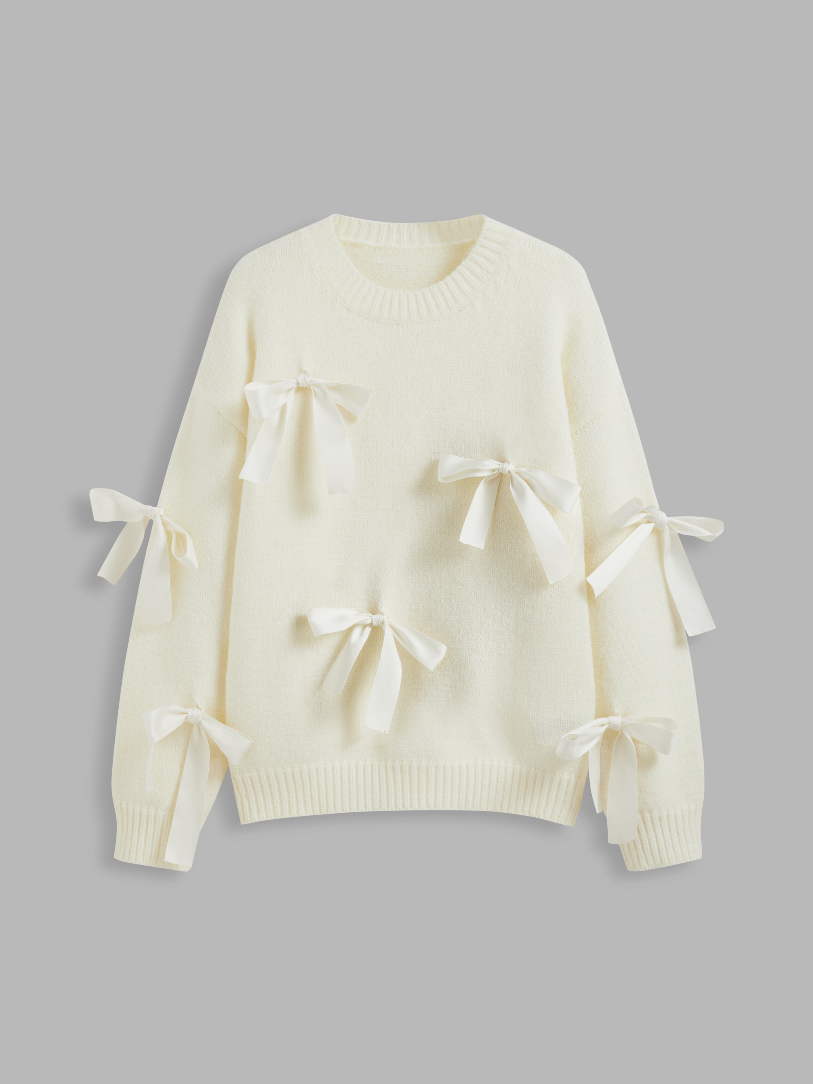 Knit Fabric Knit Round Neck Bowknot Sweater For Date Coffee Shop | Cider