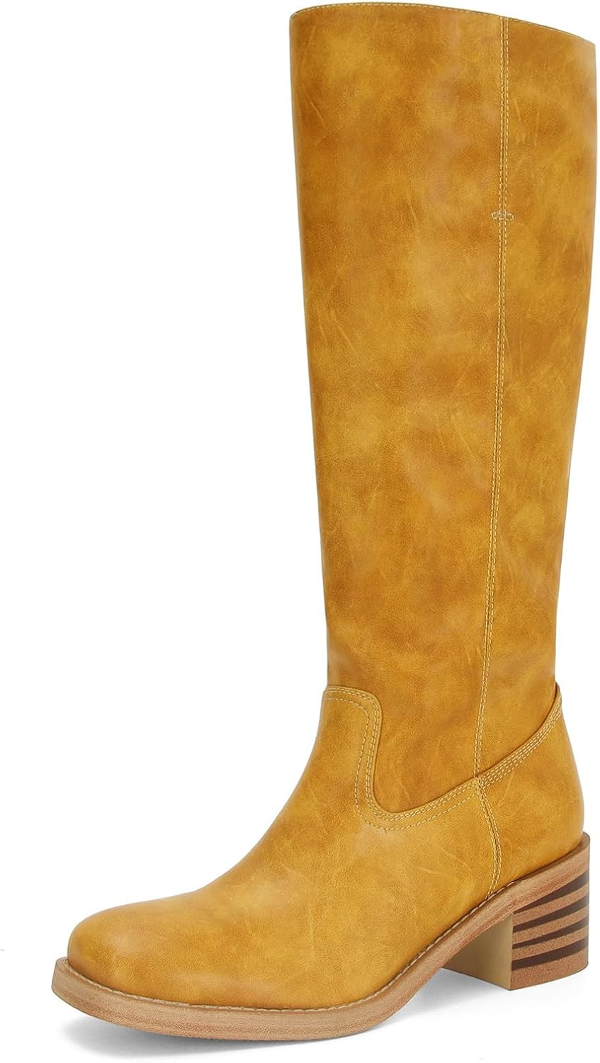 ZJGZF Womens Banana Knee High Boots Square Toe Comfortable Boots Block Heel Riding Boots Wide Calf Tall Boots | Amazon (US)