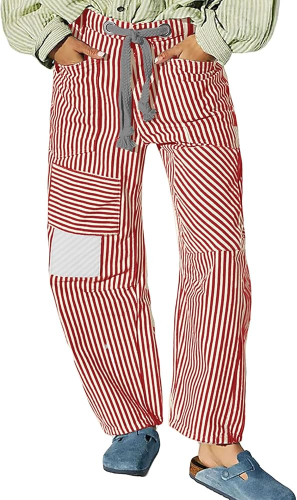 Baggy Barrel Jeans for Women Y2k Striped Drawstring High Waist Straight Wide Leg Boyfriend Jeans ... | Amazon (US)