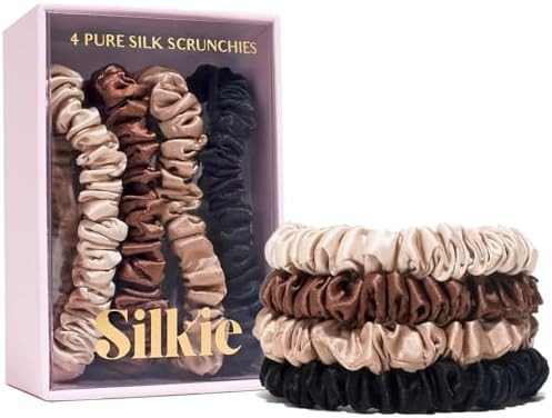 SILKIE x4 Set - Forget Satin - 100% Pure Mulberry Silk Black Brown Skinny Scrunchies Travel Pouch... | Amazon (US)