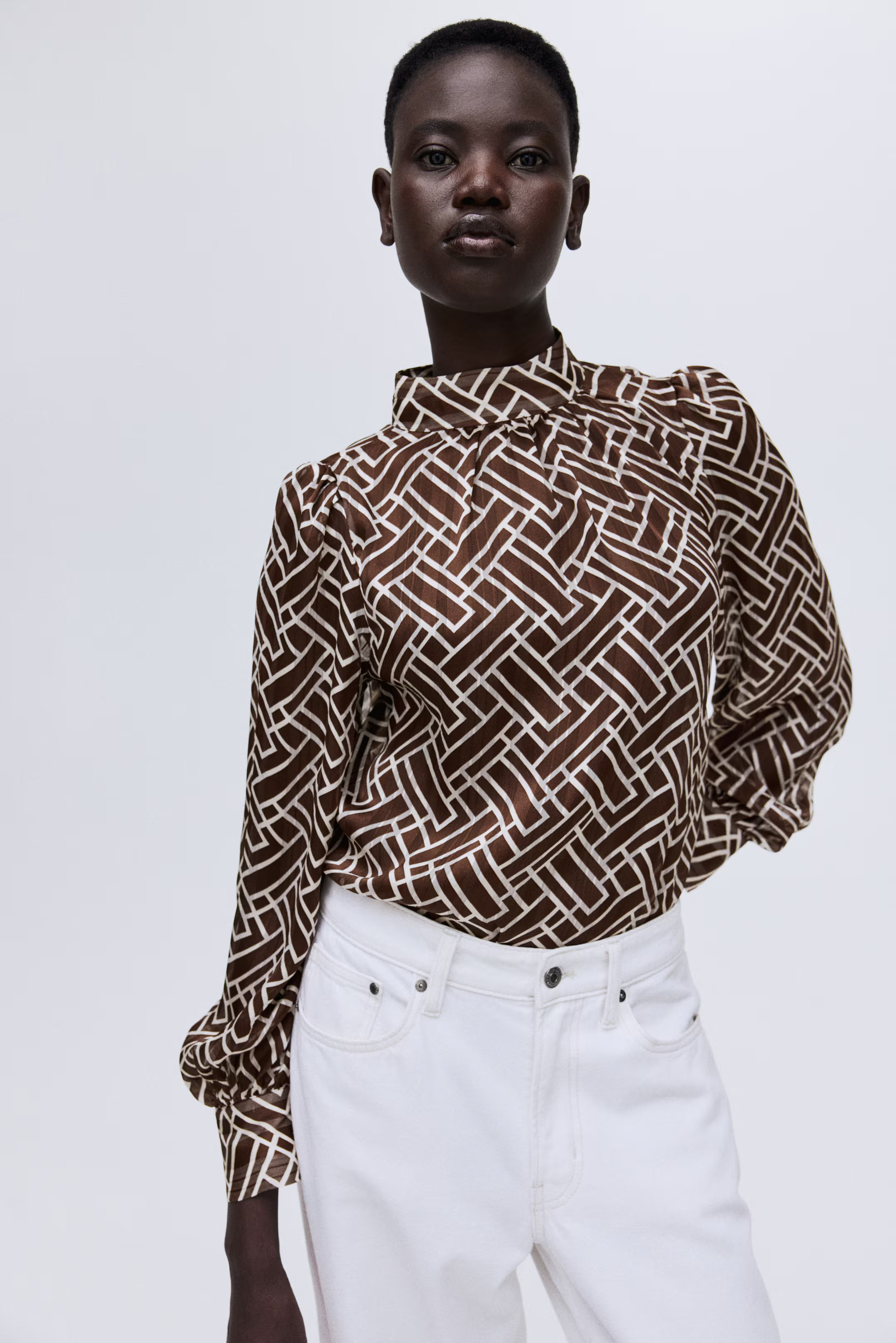 Stand-Up Collar Blouse - Brown/patterned - Ladies | H&M US | H&M (US + CA)