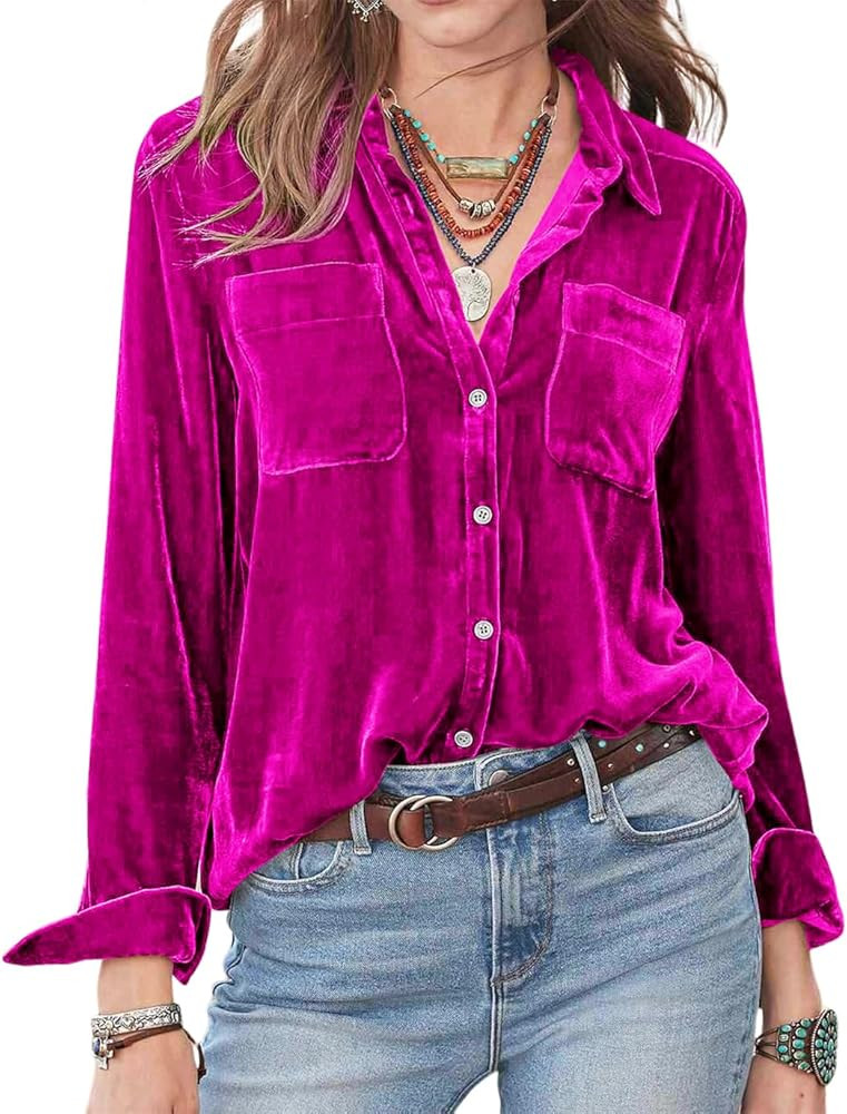 R.Vivimos Womens Winter Velvet Long Sleeve Button Down Casual Tops Shirts | Amazon (US)