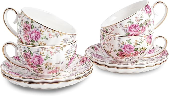 Tea Cup and Saucers, 6.4oz Floral Tea Cups with Gold Trim, Porcelain Teacup, Coffee Cappuccino Es... | Amazon (US)