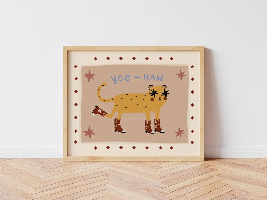 Cowboy Cheetah, Eclectic Illustration Art, Bedroom Art, Animal Illustration, Nursery Wall Art, Ec... | Etsy (US)