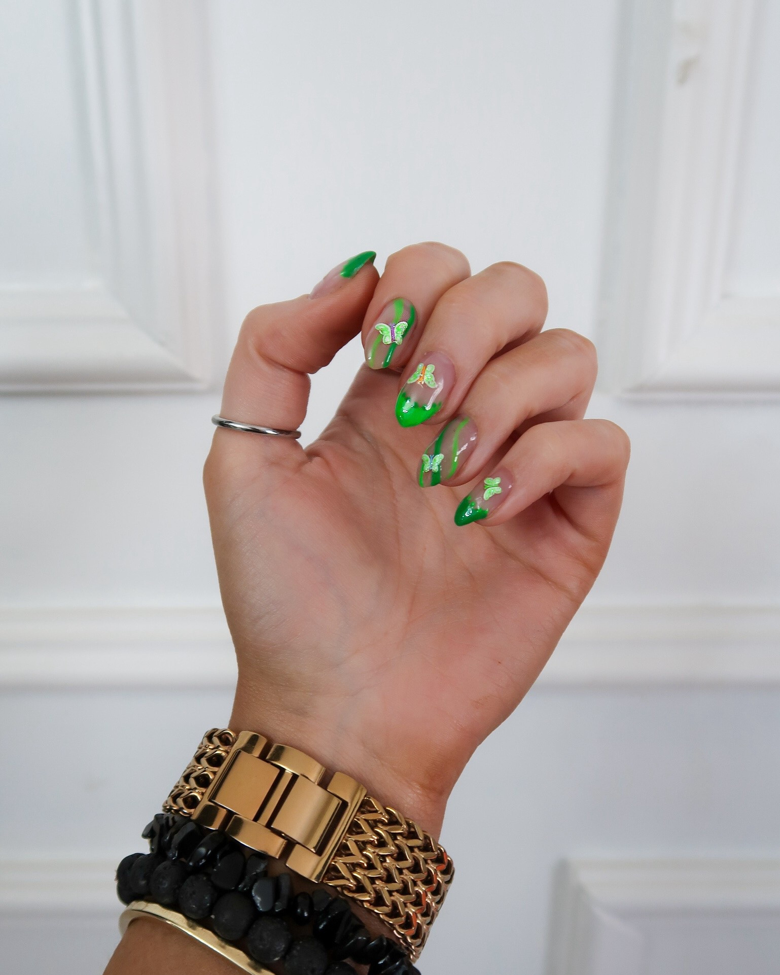 green french tip nails, lime green nails, forest green nails, butterfly nail design, swirl nail art nails, french tip twist nails, builder gel nails, mylee builder gel, mylee nail polish, glossy gel nails, chic nail inspo, classy nails with a twist, elegant nail design, minimal glam nails, trendy nail ideas