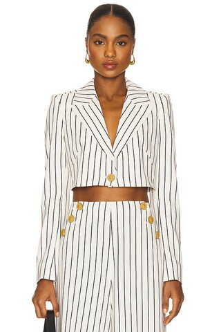 L'AGENCE Izzie Cropped Blazer in Vintage White & Black Pinstripe from Revolve.com | Revolve Clothing (Global)