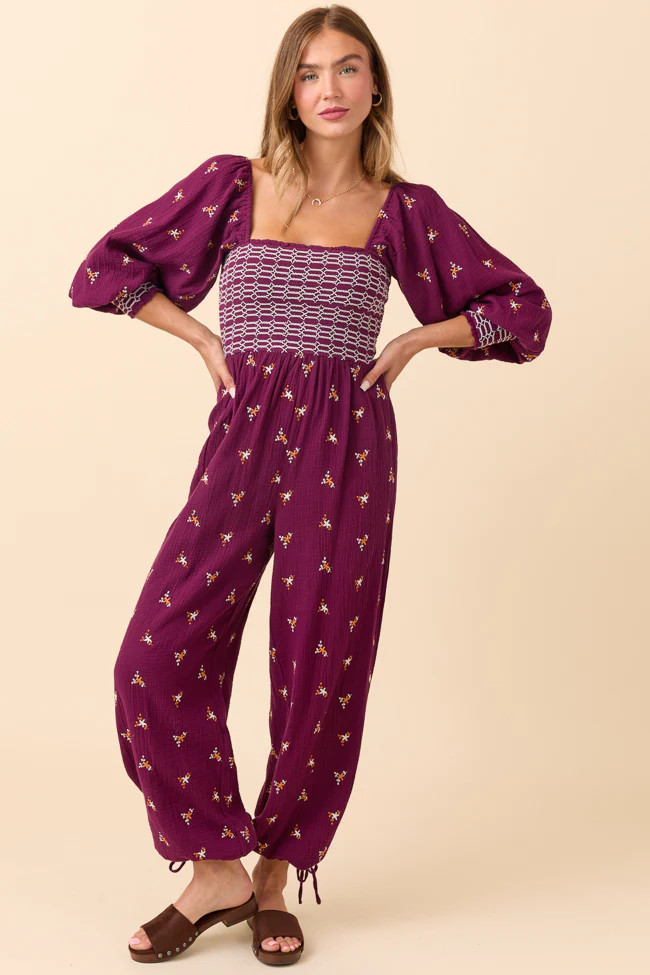 Dress To Impress Burgundy Floral Stitched Smocked Top Jumpsuit | Pink Lily