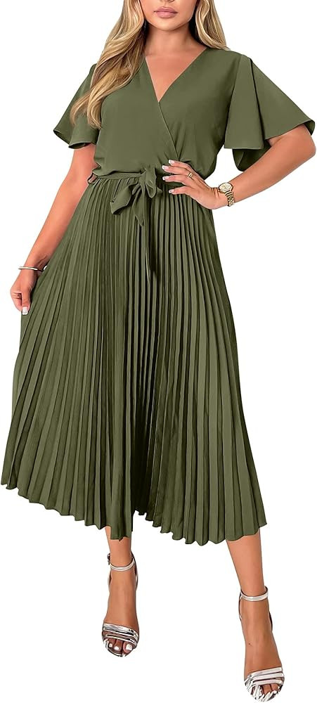 BTFBM Women Wrap V Neck Casual Summer Dresses 2023 Short Sleeve Satin Tie Waist Pleated Flowy Wed... | Amazon (US)