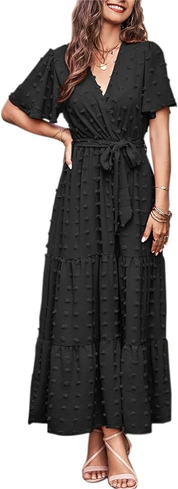 MASCOMODA Womens Boho Swiss Dot Maxi Dresses Wrap V Neck Flutter Short Sleeve Solid Tie Belt A Li... | Amazon (US)