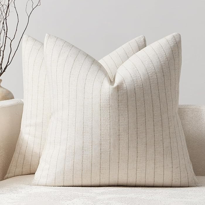 Pack of 2 Linen Striped Throw Pillow Covers 18x18 Neutral Couch Pillow Cases Farmhouse Decorative... | Amazon (US)
