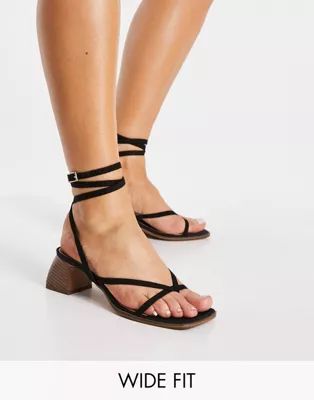 ASOS DESIGN Wide Fit Hana toe thong mid heeled sandals in black | ASOS (Global)