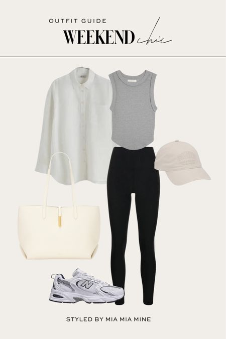 Casual weekend outfit ideas
Madewell white button up shirt
Free people gray tank top
Free people leggings
Demellier tote bag
New balance sneakers 
Ganni cap

#LTKFindsUnder100 #LTKShoeCrush #LTKFitness