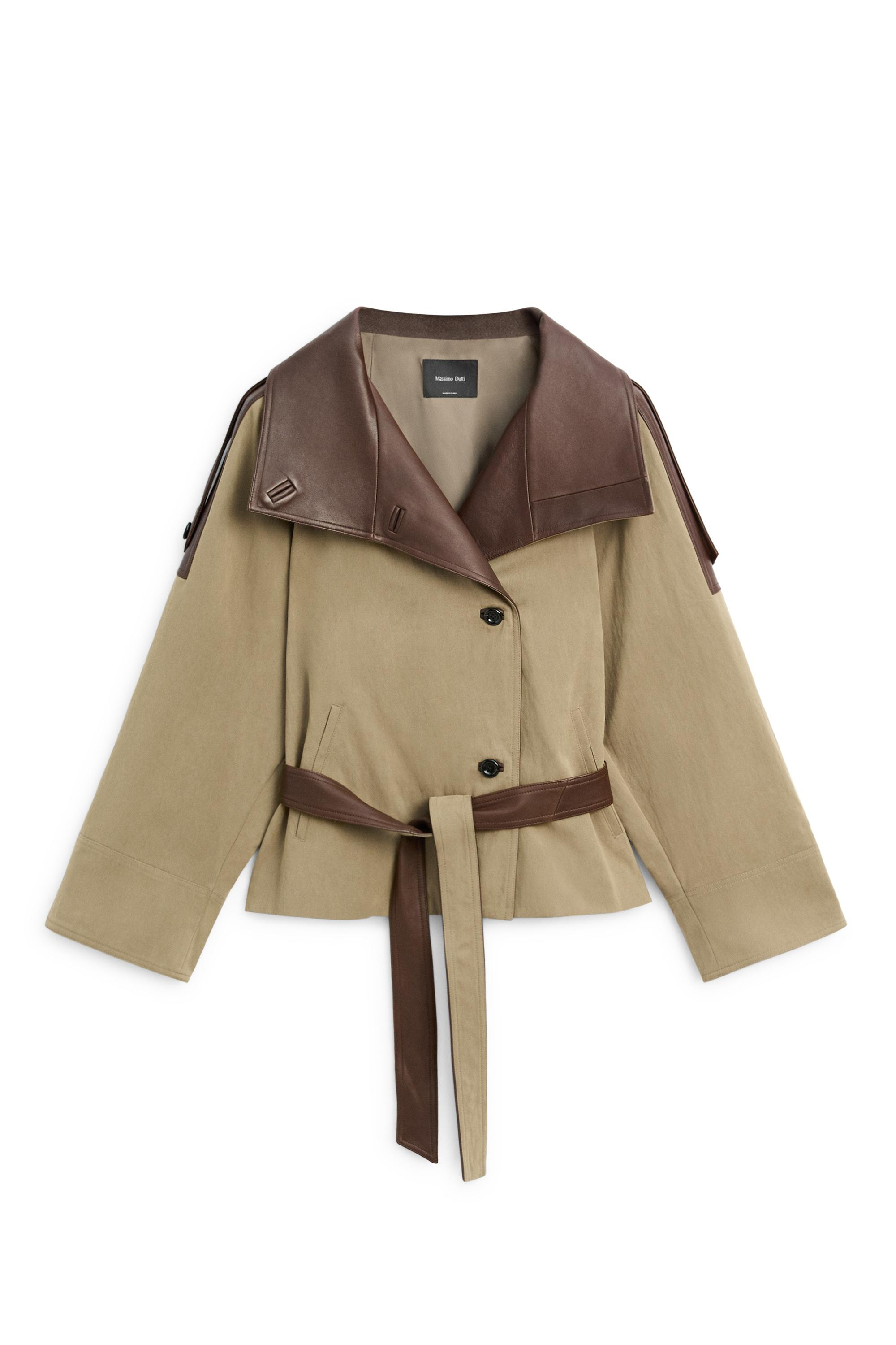 Cropped mixed leather jacket - Greyish green | Massimo Dutti US