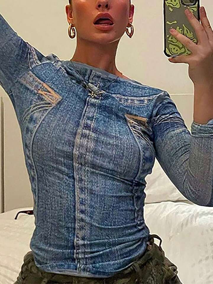 Denim Look Print Tee | SHEIN
