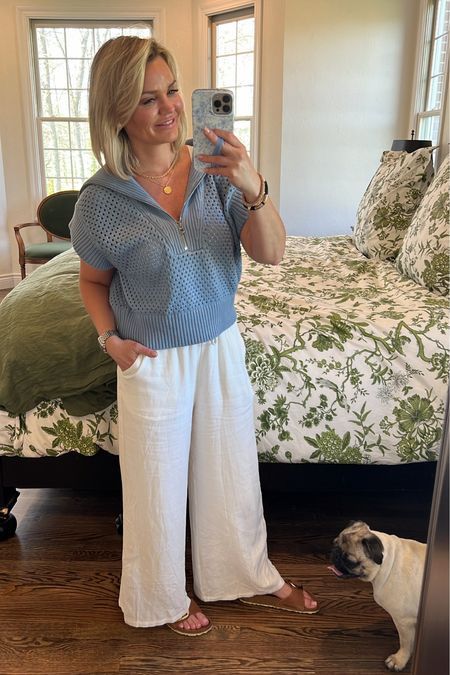 This is giving me Summer vacation resort vibes. These Amazon linen pants are perfect for my 5’1” height. This half zip knit sweater is the prettiest blue. Wearing an xs in top and small in pants. 
#grandmillenialstyle #nancymeyeraesthetic #classicstyle #costalgrandaughter 


#LTKover40 #LTKstyletip #LTKshoecrush