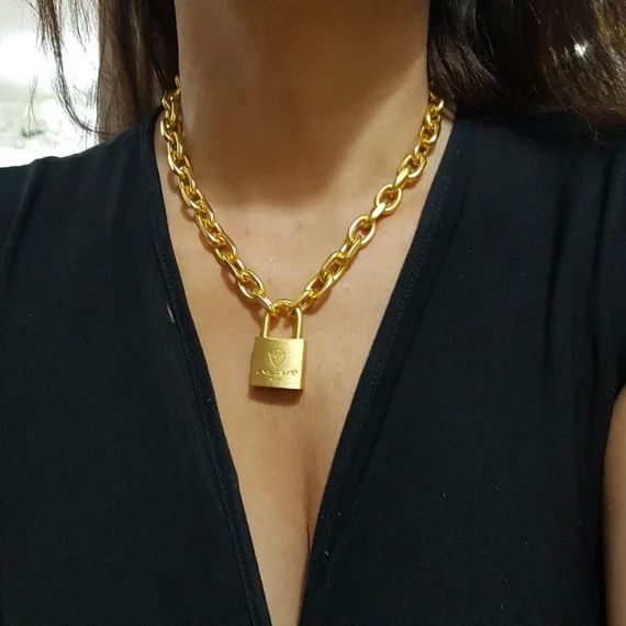 GOLD Chain chunky Link Necklace with  padLock pendant | Etsy (US)