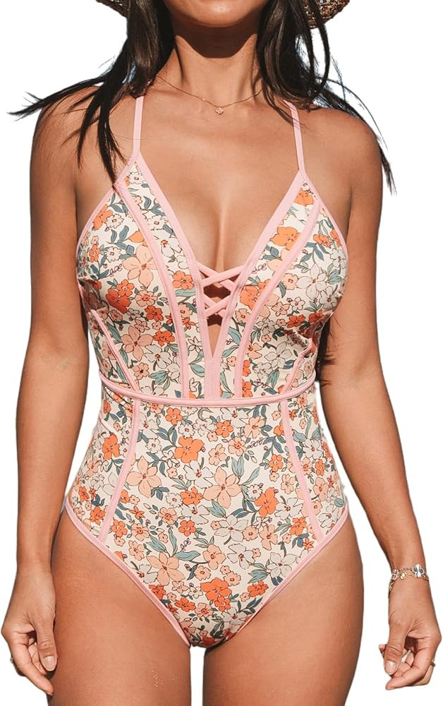 CUPSHE Women's One Piece Swimsuit Plunging V Neck Bathing Suit Crisscross Back Tie Slimming Sculp... | Amazon (US)